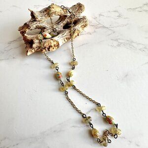 Vintage Floral Glass Bead Necklace, 14" Gold Tone Chain, Resin Accents, 1940s